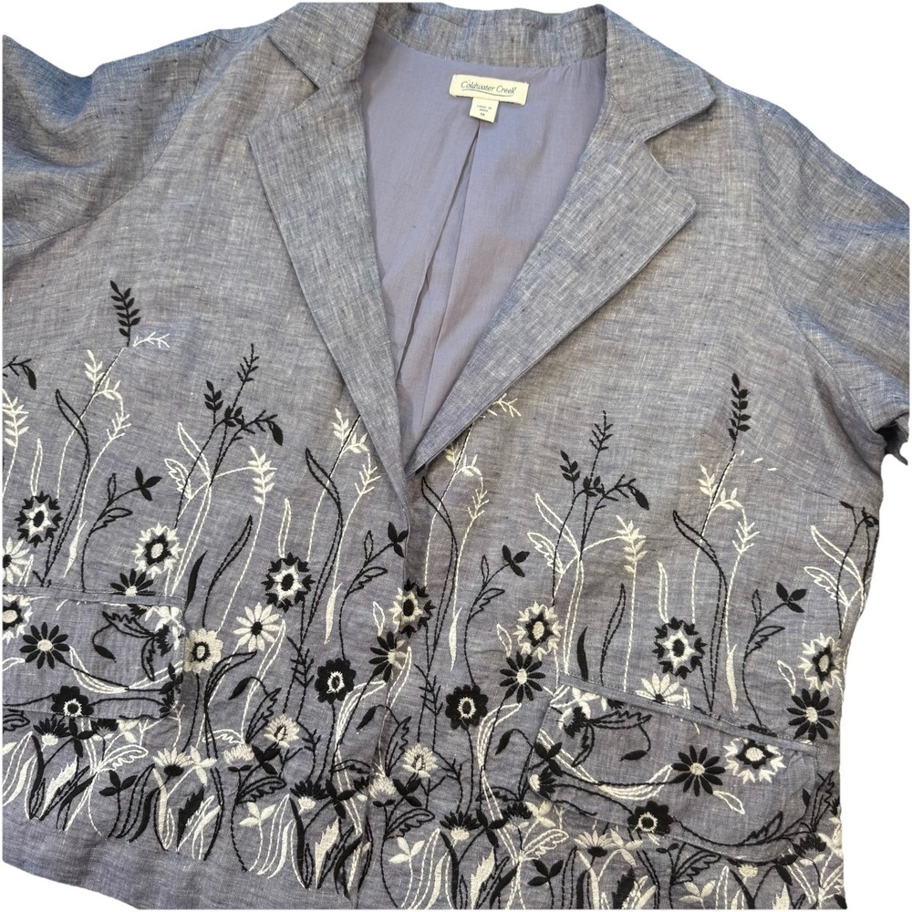 Coldwater Creek Jacket Womens Blue Embroidered 100% Linen Lined Pockets Snap